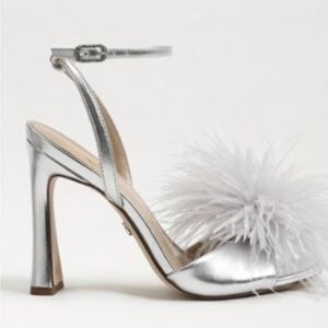 Sam Edelman silver Leon feather heels in box